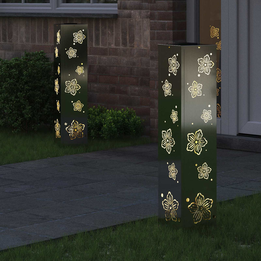 Solar Led Pad Licht 2 Pcs Gegalvaniseerd Gegalvaniseerd 18 x 18 x 80 cm Geëgalvaniseerd staal Vijf-blaadjes bloem