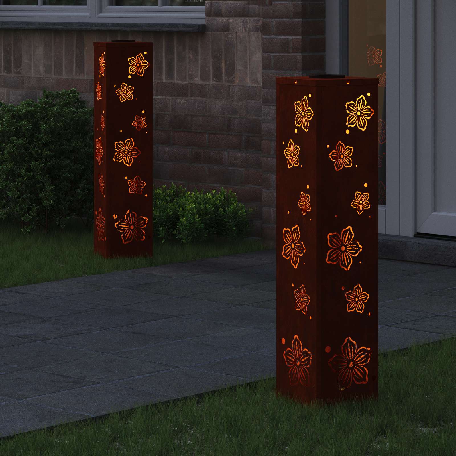 Solar Led Pad Licht 2 Pcs 18 x 18 x 80 cm Cortenstaal Vijf-blaadjes bloem