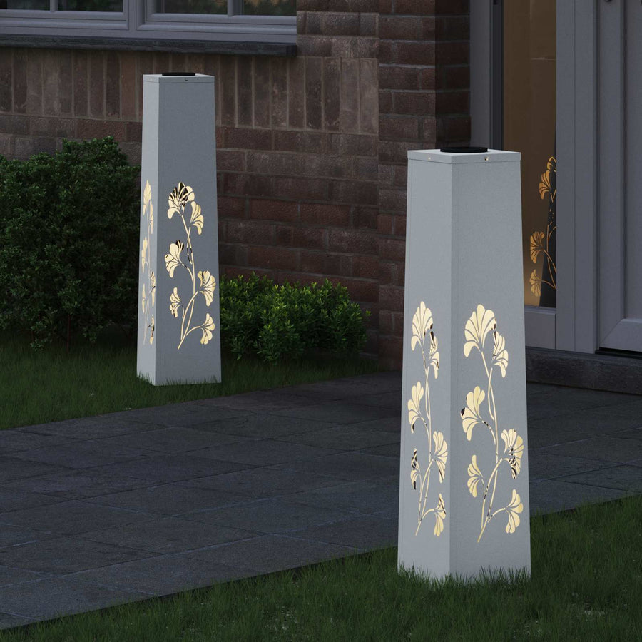 Solar Led Pad Licht 2 Pcs Koudgewalst Staal 18 x 18 x 80 cm Wit Tak patroon