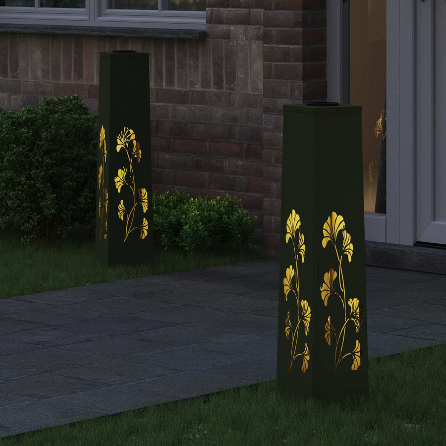 Solar Led Pad Licht 2 Pcs Olijf Groen Koudgewalst Staal 18 x 18 x 80 cm Olijfgroen Tak patroon
