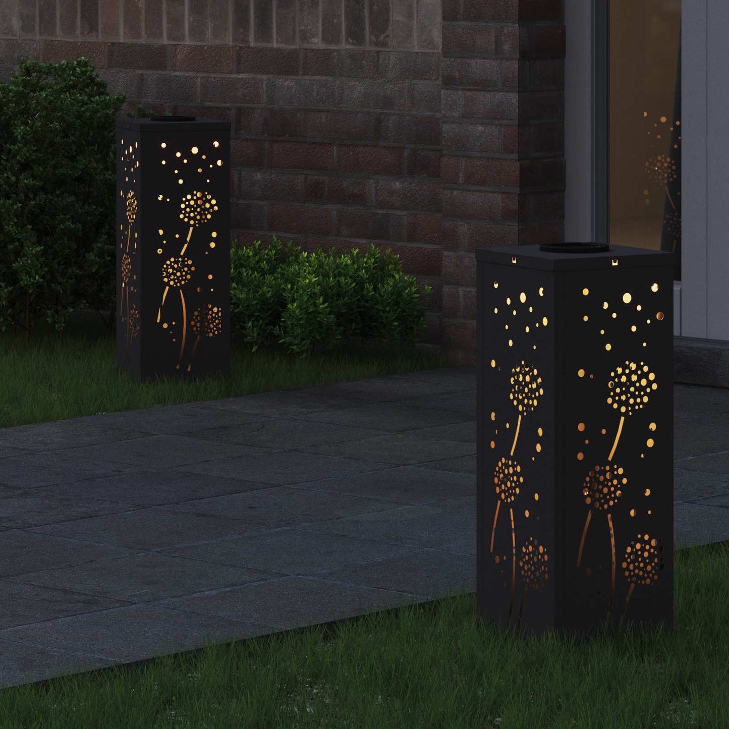 Solar Led Pad Licht 2 Pcs Koudgewalst Staal 18 x 18 x 50 cm Zwart Paardenbloem patroon