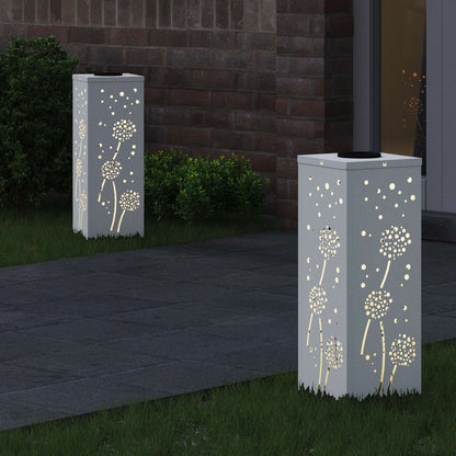 Solar Led Pad Licht 2 Pcs Koudgewalst Staal 18 x 18 x 50 cm Wit Paardenbloem patroon