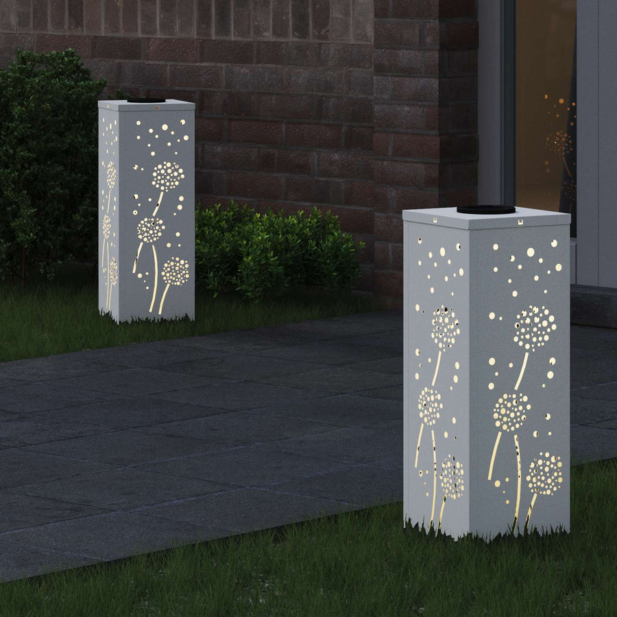 Solar Led Pad Licht 2 Pcs Koudgewalst Staal 18 x 18 x 50 cm Wit Paardenbloem patroon