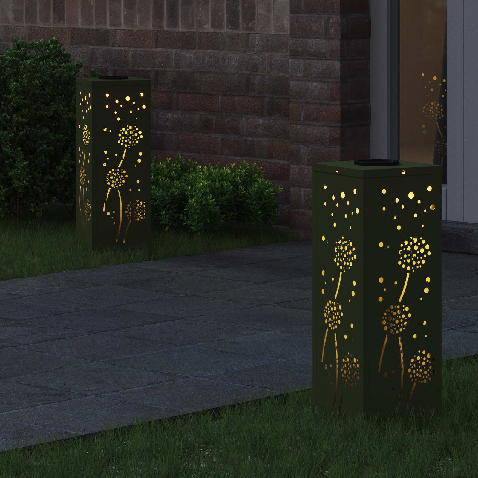 Solar Led Pad Licht 2 Pcs Olijf Groen Koudgewalst Staal 18 x 18 x 50 cm Olijfgroen Paardenbloem patroon