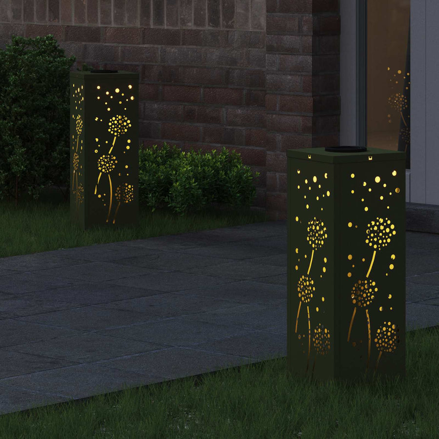 Solar Led Pad Licht 2 Pcs Olijf Groen Koudgewalst Staal 18 x 18 x 50 cm Olijfgroen Paardenbloem patroon