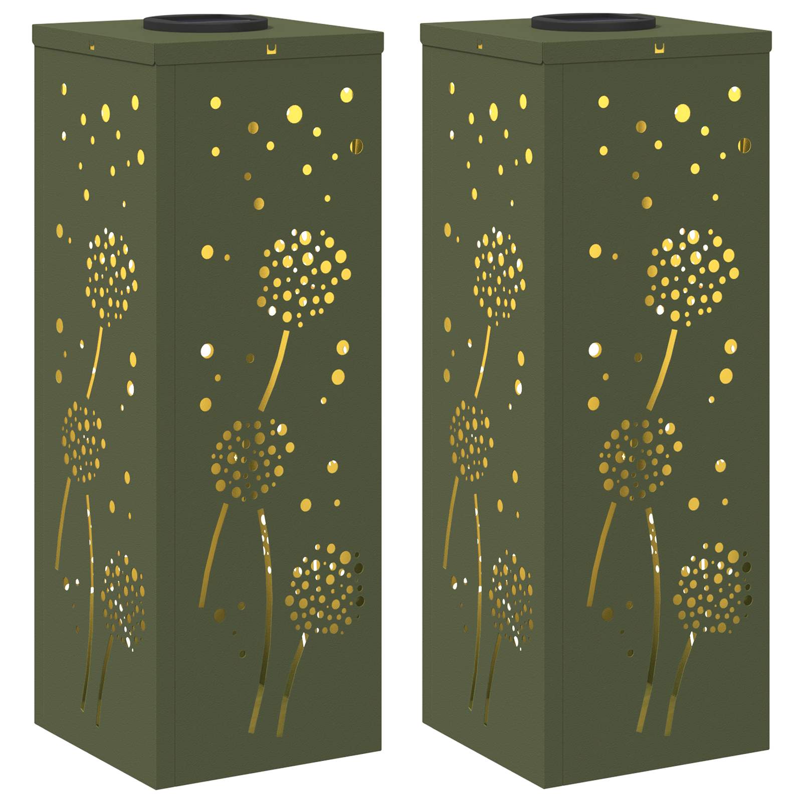 Solar Led Pad Licht 2 Pcs Olijf Groen Koudgewalst Staal 18 x 18 x 50 cm Olijfgroen Paardenbloem patroon