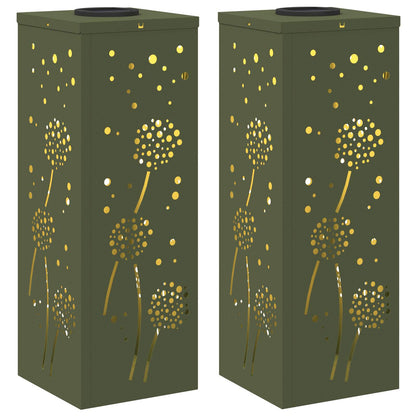Solar Led Pad Licht 2 Pcs Olijf Groen Koudgewalst Staal 18 x 18 x 50 cm Olijfgroen Paardenbloem patroon