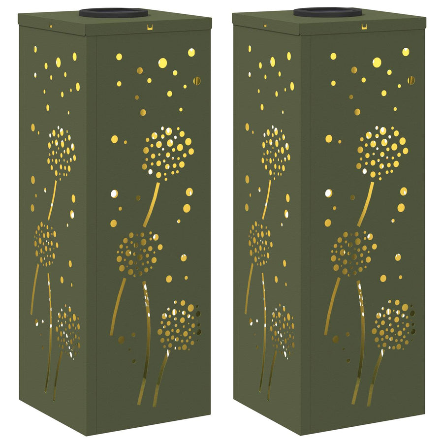 Solar Led Pad Licht 2 Pcs Olijf Groen Koudgewalst Staal 18 x 18 x 50 cm Olijfgroen Paardenbloem patroon