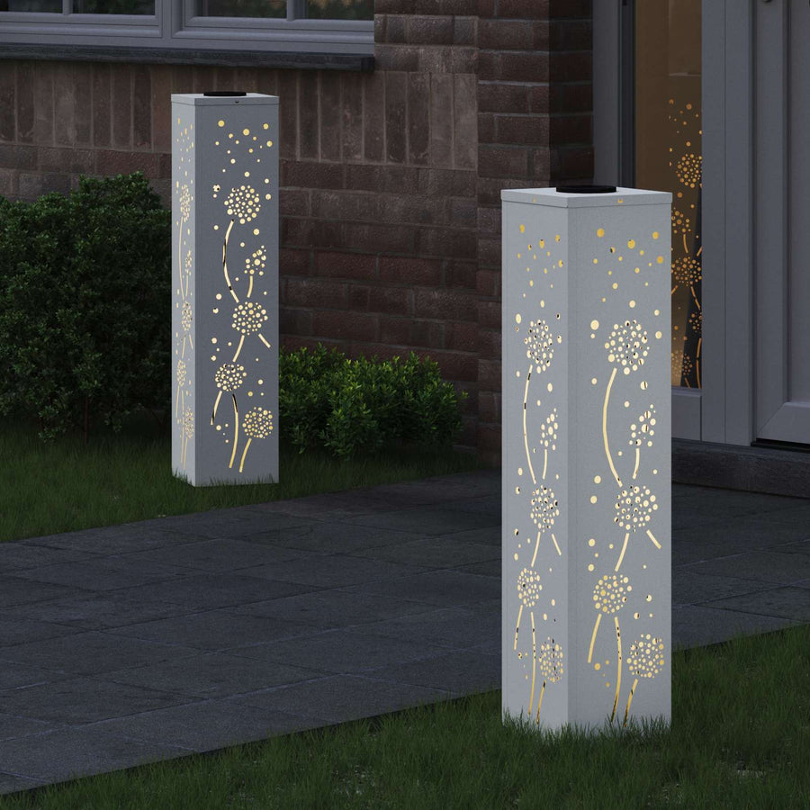 Solar Led Pad Licht 2 Pcs Koudgewalst Staal 18 x 18 x 80 cm Wit Paardenbloem patroon