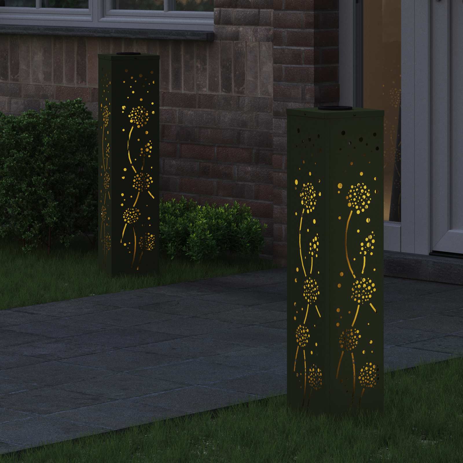 Solar Led Pad Licht 2 Pcs Olijf Groen Koudgewalst Staal 18 x 18 x 80 cm Olijfgroen Paardenbloem patroon