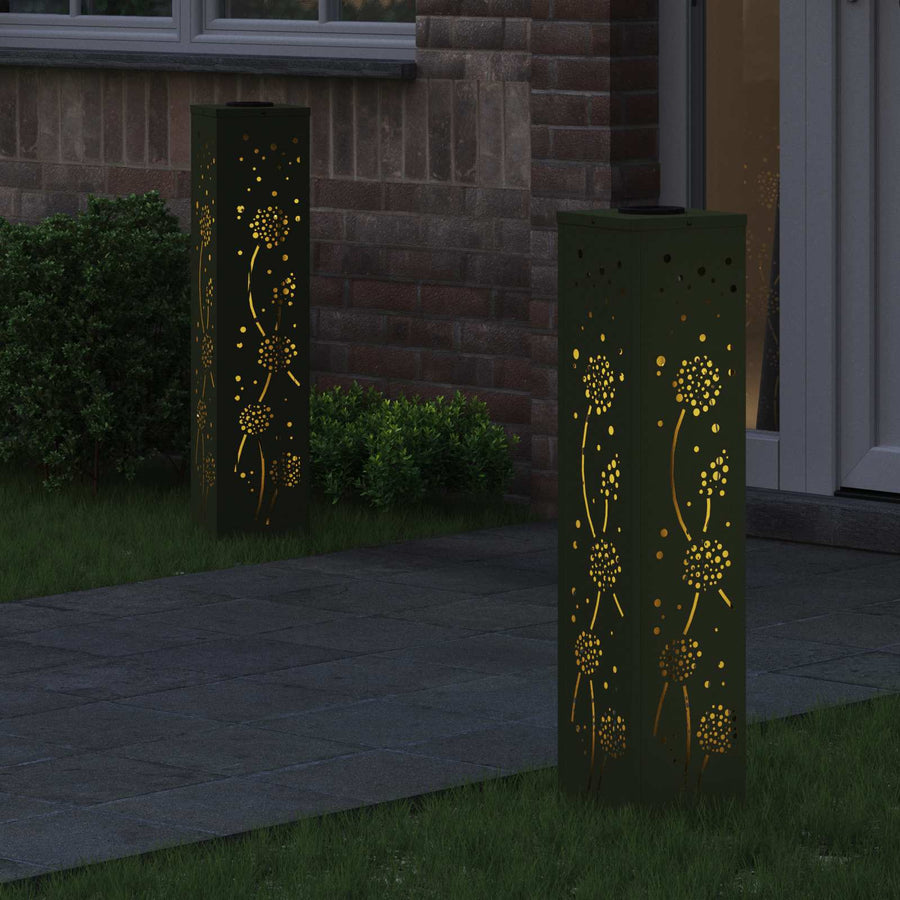 Solar Led Pad Licht 2 Pcs Olijf Groen Koudgewalst Staal 18 x 18 x 80 cm Olijfgroen Paardenbloem patroon