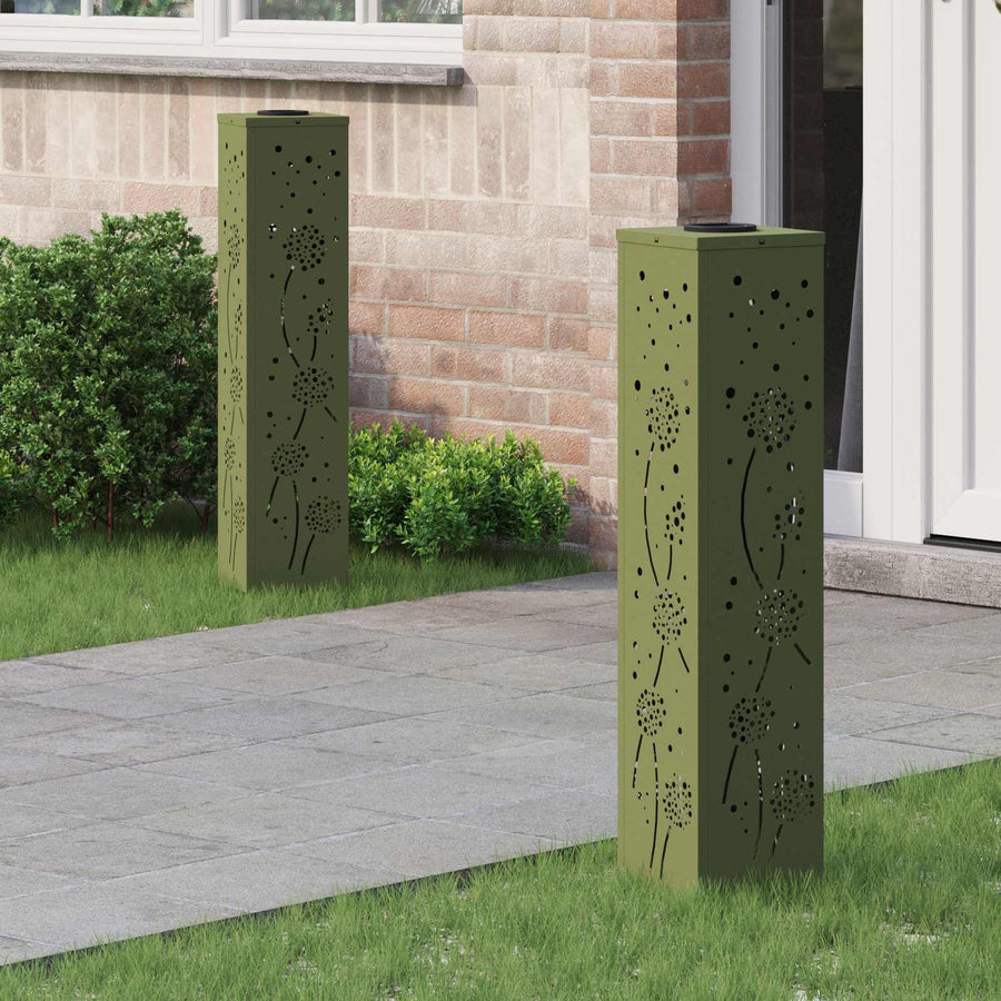 Solar Led Pad Licht 2 Pcs Olijf Groen Koudgewalst Staal 18 x 18 x 80 cm Olijfgroen Paardenbloem patroon