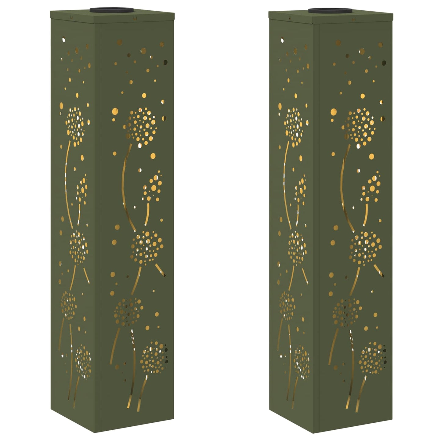 Solar Led Pad Licht 2 Pcs Olijf Groen Koudgewalst Staal 18 x 18 x 80 cm Olijfgroen Paardenbloem patroon