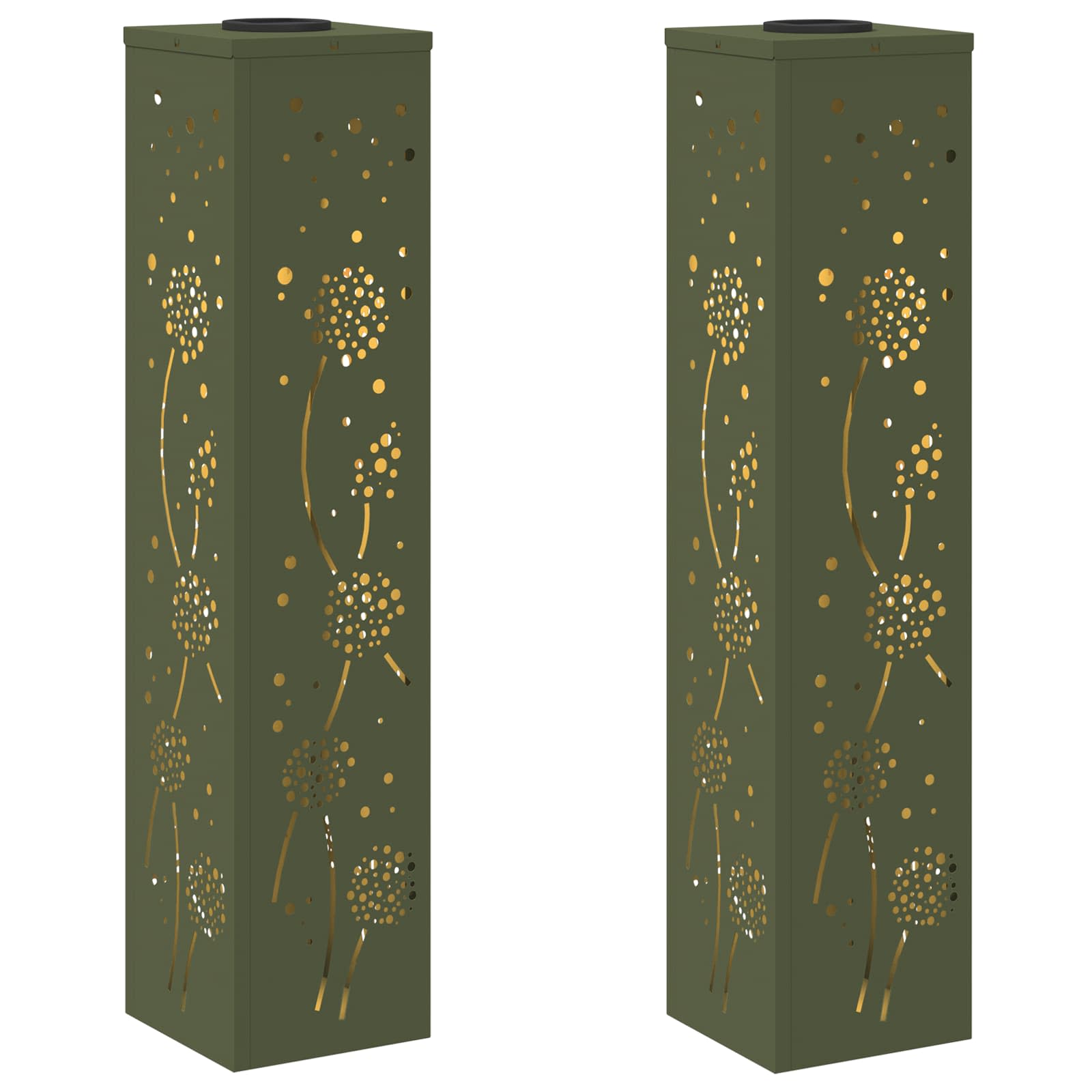 Solar Led Pad Licht 2 Pcs Olijf Groen Koudgewalst Staal 18 x 18 x 80 cm Olijfgroen Paardenbloem patroon