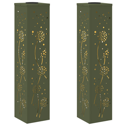 Solar Led Pad Licht 2 Pcs Olijf Groen Koudgewalst Staal 18 x 18 x 80 cm Olijfgroen Paardenbloem patroon