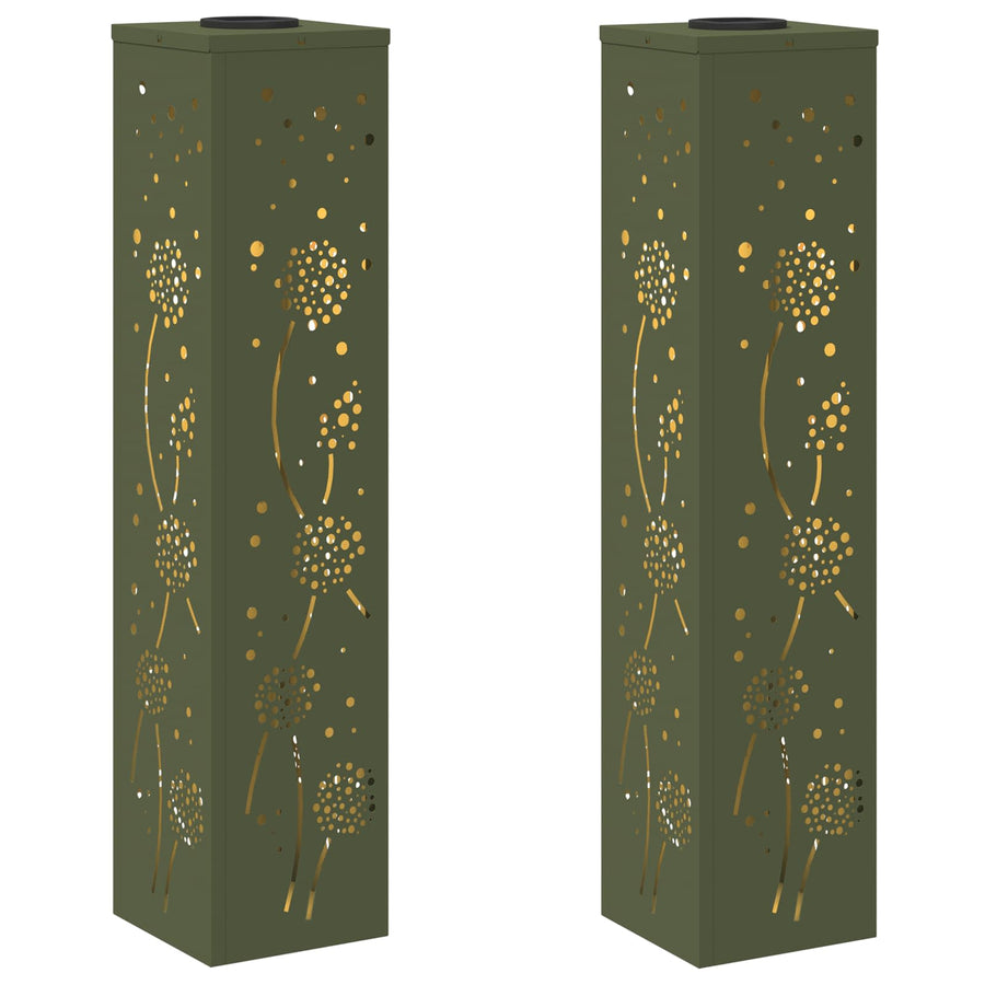 Solar Led Pad Licht 2 Pcs Olijf Groen Koudgewalst Staal 18 x 18 x 80 cm Olijfgroen Paardenbloem patroon