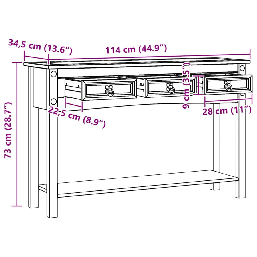 Bijzettafel met lade Wit 114 x 34,5 x 73 cm Massief grenenhout