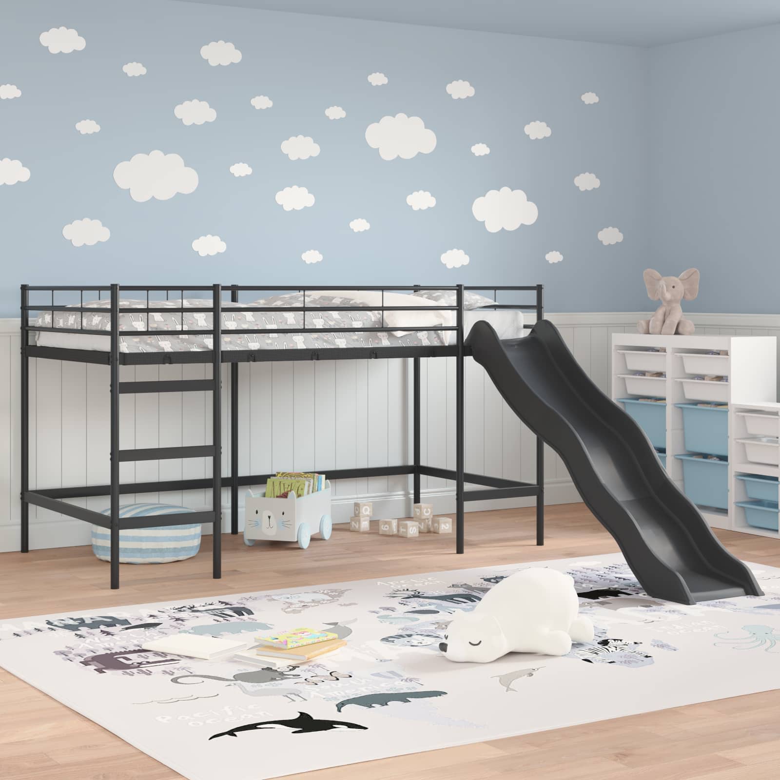 Kinder loft bedframe met glijbaan Zwart en Anthraciet