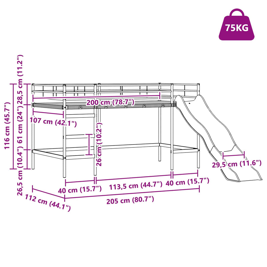 Kinder loft bedframe met glijbaan Zwart en Anthraciet