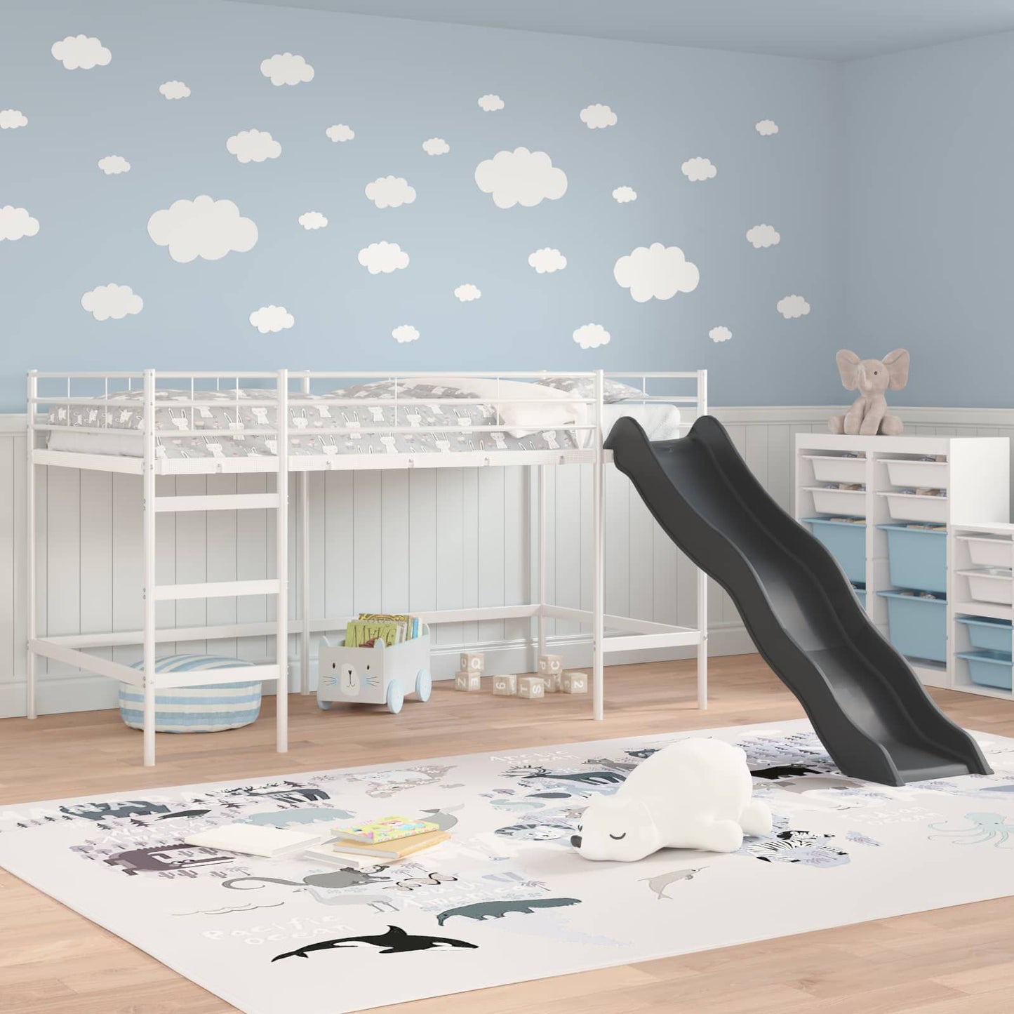 Kinder loft bedframe met glijbaan Wit en Antraciet