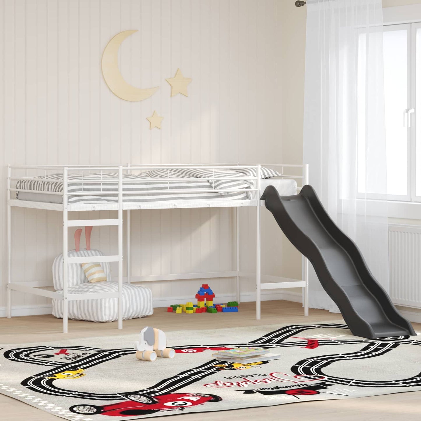 Kinder loft bedframe met glijbaan Wit en Antraciet 90 x 200 cm