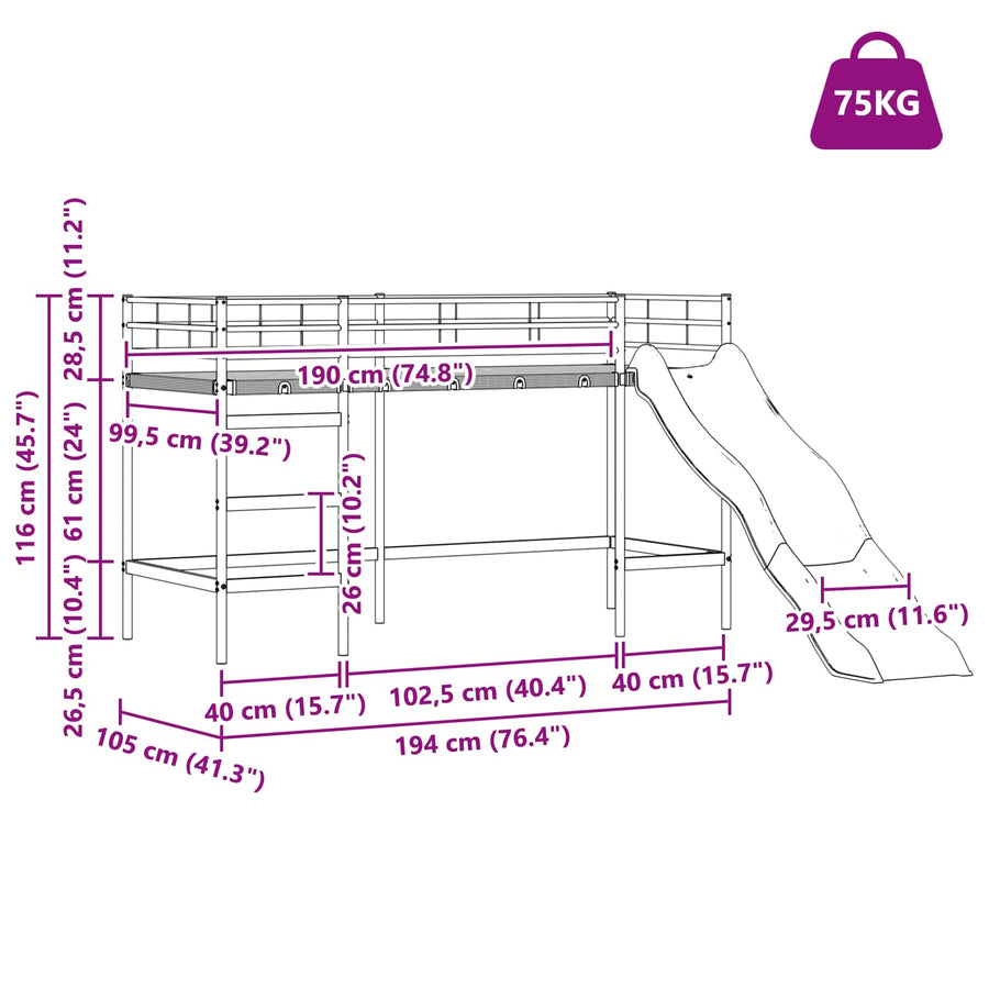 Kinder loft bedframe met glijbaan Wit en Antraciet