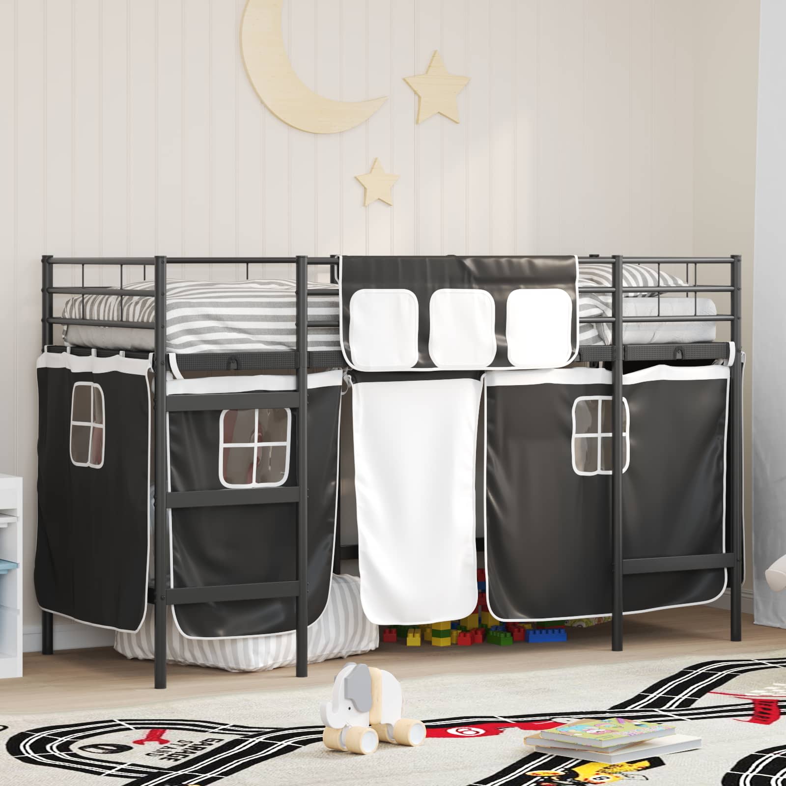 Loftbedframe Voor Kinderen Met Gordijnen 75 x 190 cm Zwart