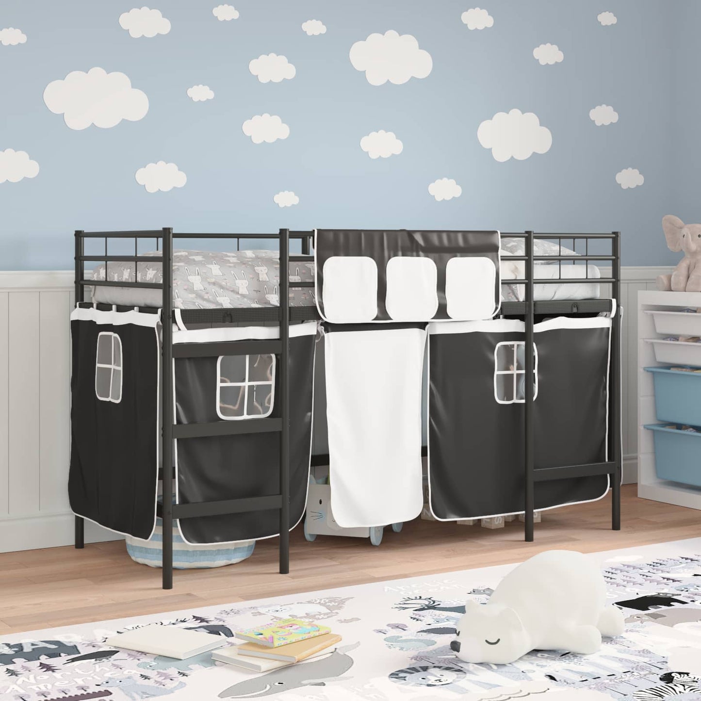 Loftbedframe Voor Kinderen Met Gordijnen 75 x 190 cm Zwart