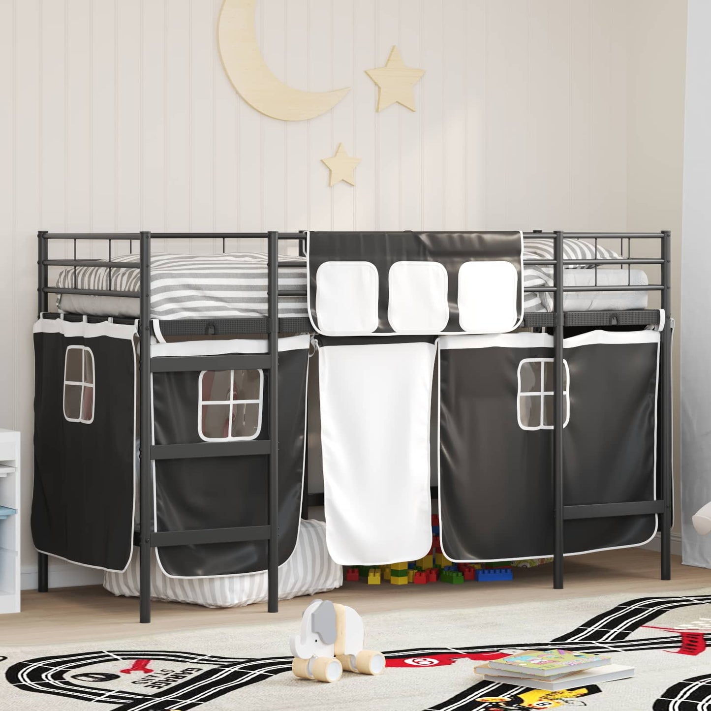 Loftbedframe Voor Kinderen Met Gordijnen 100 x 190 cm Zwart