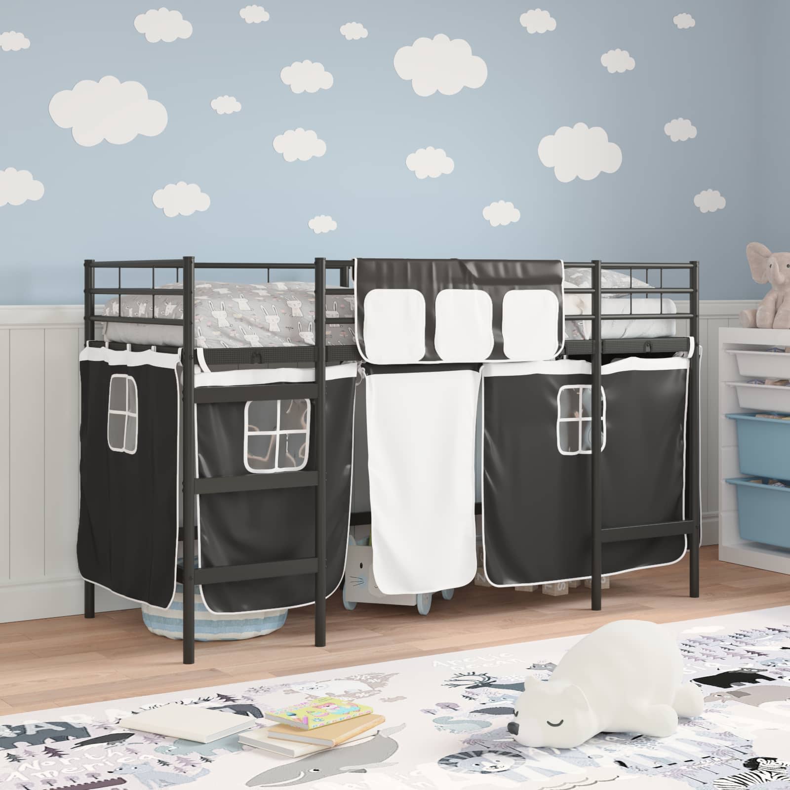 Loftbedframe Voor Kinderen Met Gordijnen 100 x 190 cm Zwart