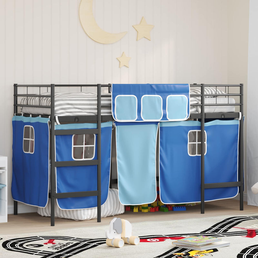 Loftbedframe Voor Kinderen Met Gordijnen 75 x 190 cm Zwart en blauw