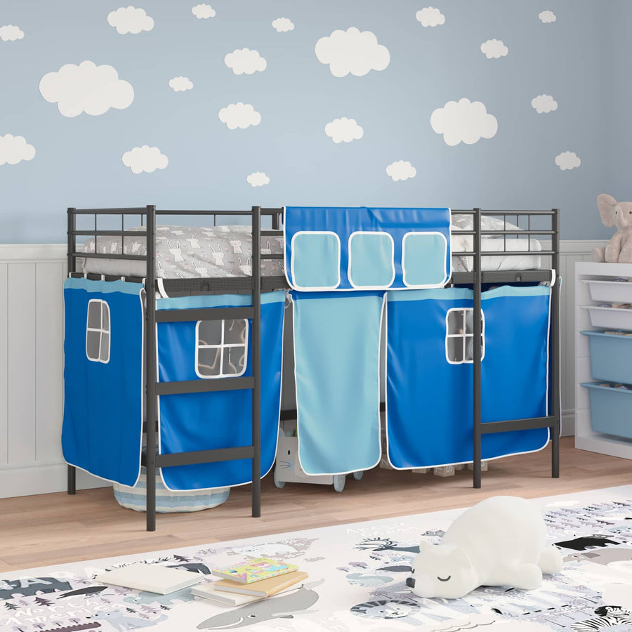 Loftbedframe Voor Kinderen Met Gordijnen 75 x 190 cm Zwart en blauw