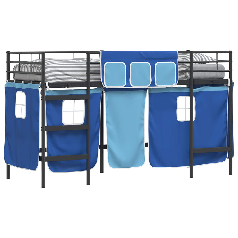 Loftbedframe Voor Kinderen Met Gordijnen 75 x 190 cm Zwart en blauw