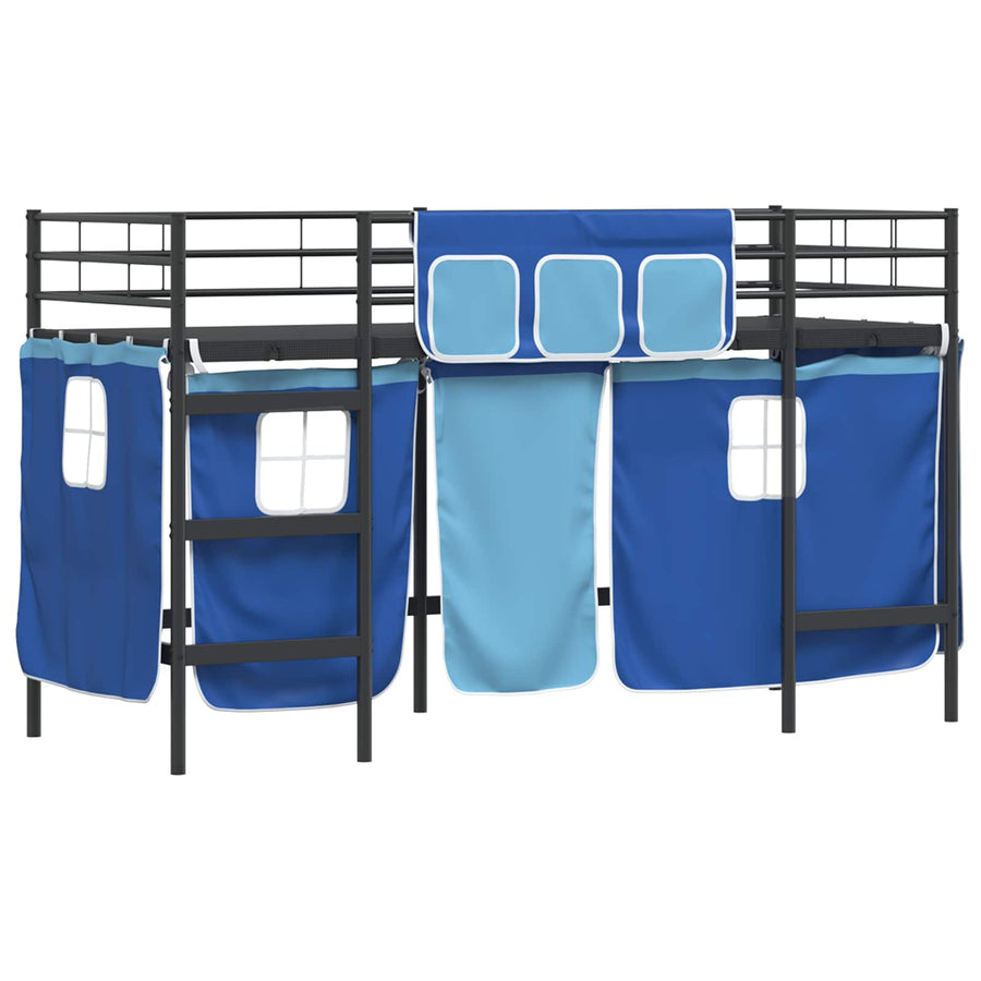 Loftbedframe Voor Kinderen Met Gordijnen 75 x 190 cm Zwart en blauw