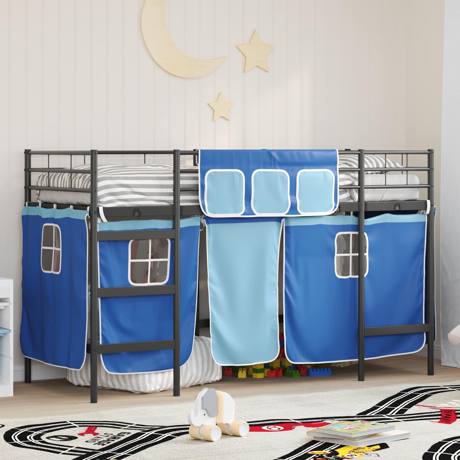 Loftbedframe Voor Kinderen Met Gordijnen 100 x 190 cm Zwart en blauw