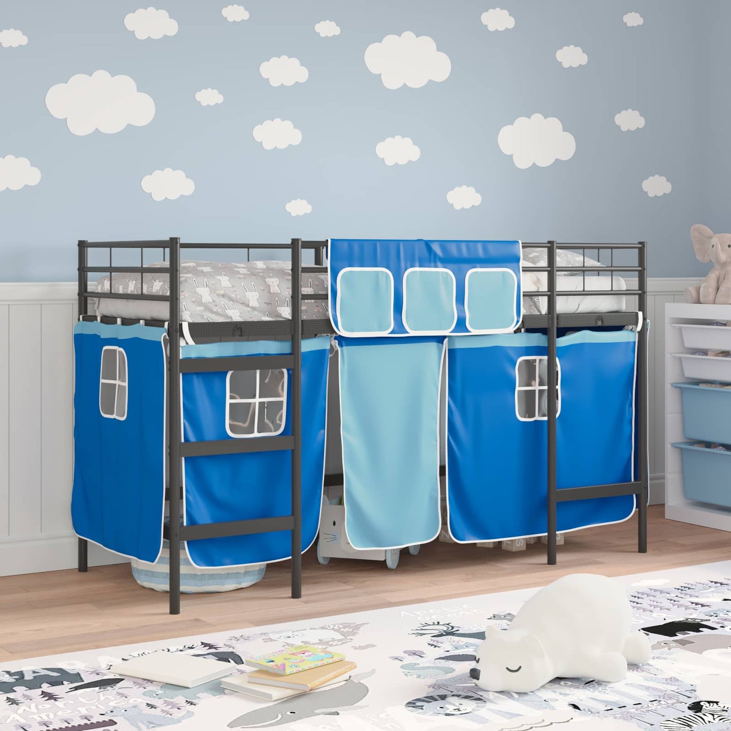 Loftbedframe Voor Kinderen Met Gordijnen 100 x 190 cm Zwart en blauw