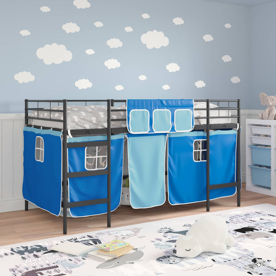 Loftbedframe Voor Kinderen Met Gordijnen 100 x 201 cm Zwart en blauw