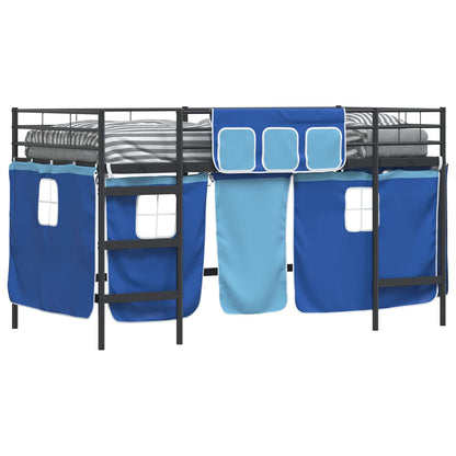 Loftbedframe Voor Kinderen Met Gordijnen 100 x 201 cm Zwart en blauw