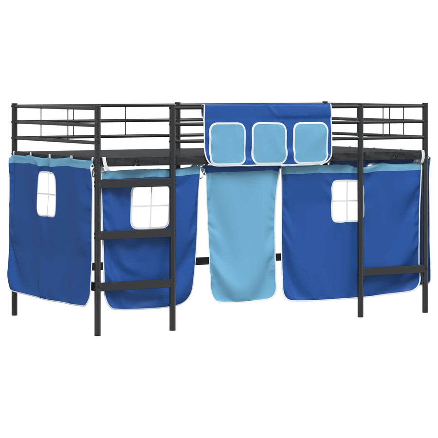 Loftbedframe Voor Kinderen Met Gordijnen 100 x 201 cm Zwart en blauw