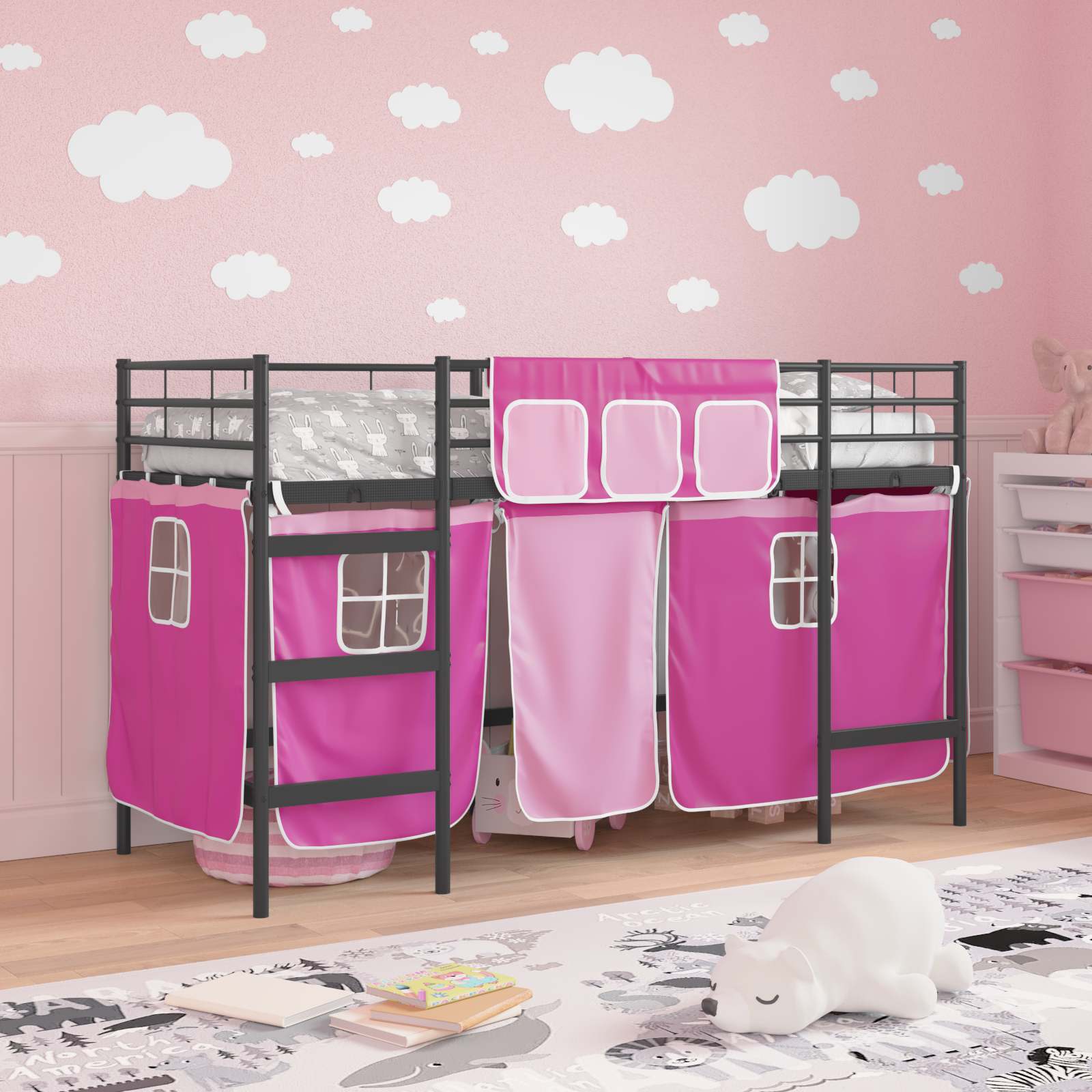 Loftbedframe Voor Kinderen Met Gordijnen 75 x 190 cm Zwart en roze