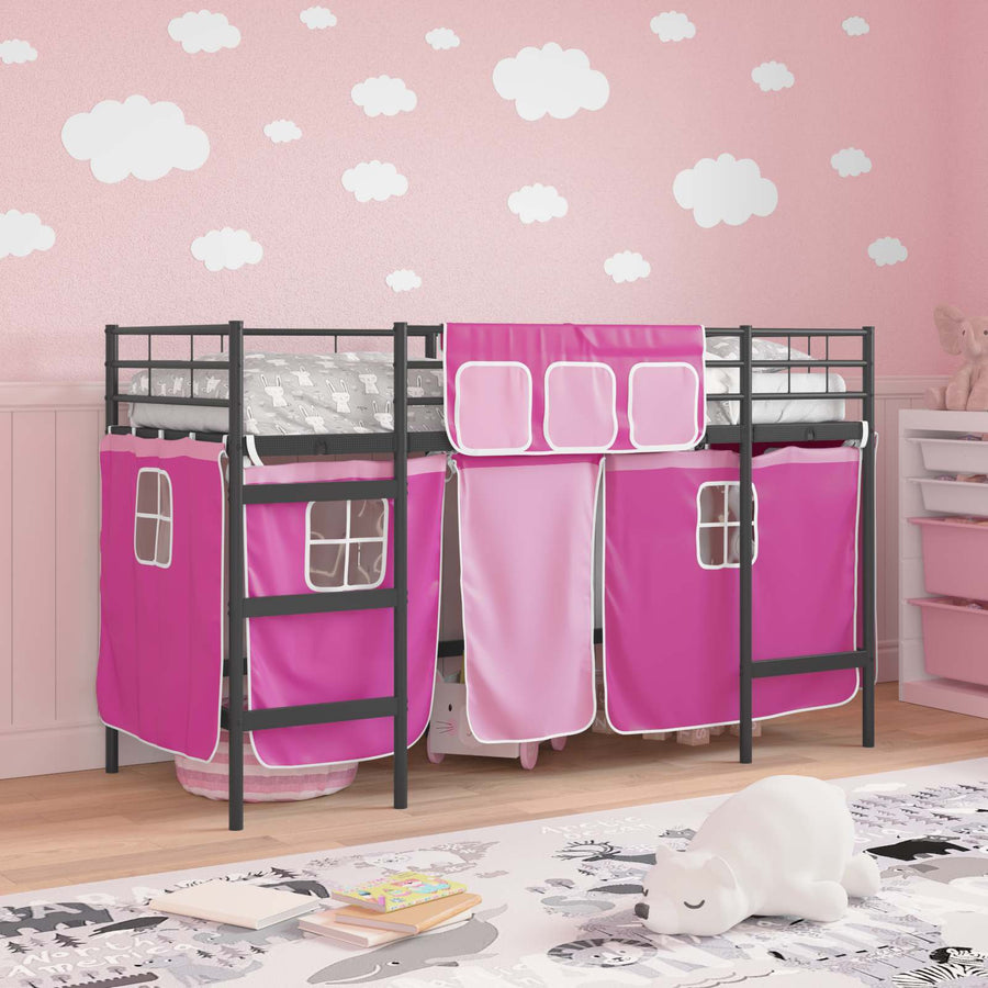 Loftbedframe Voor Kinderen Met Gordijnen 75 x 190 cm Zwart en roze