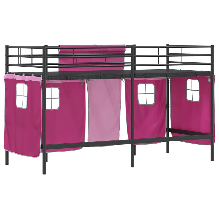 Loftbedframe Voor Kinderen Met Gordijnen 75 x 190 cm Zwart en roze