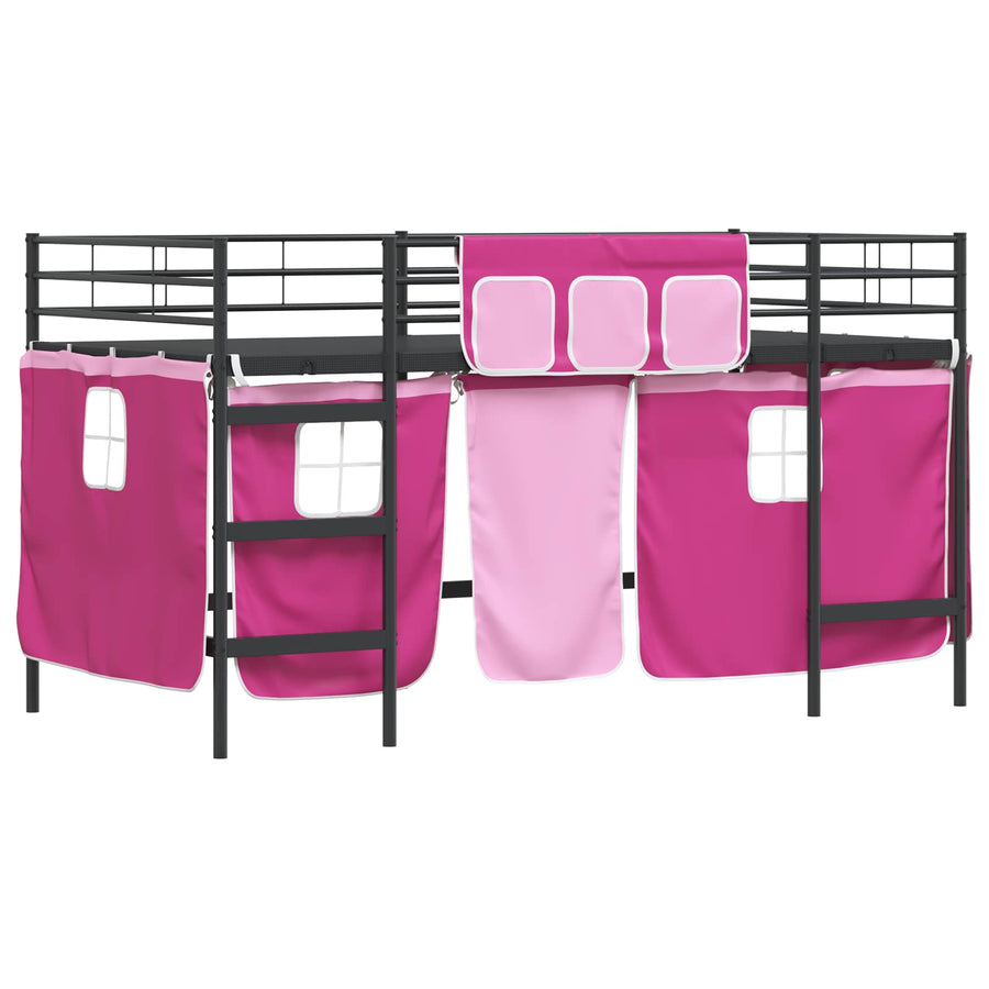 Loftbedframe Voor Kinderen Met Gordijnen 80 x 201 cm Zwart en roze