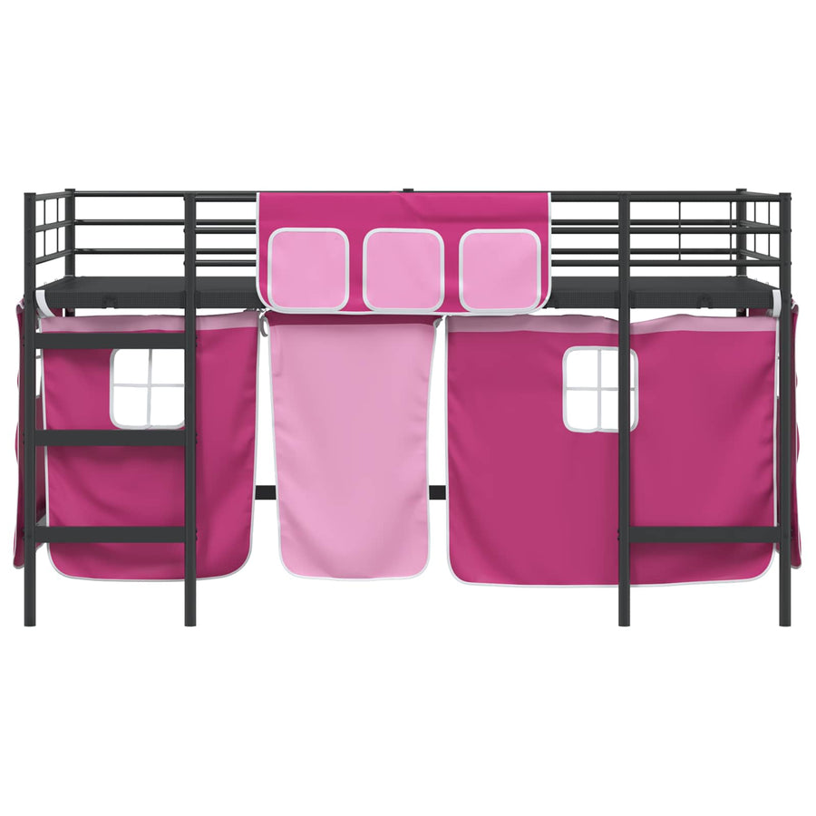 Loftbedframe Voor Kinderen Met Gordijnen 80 x 201 cm Zwart en roze