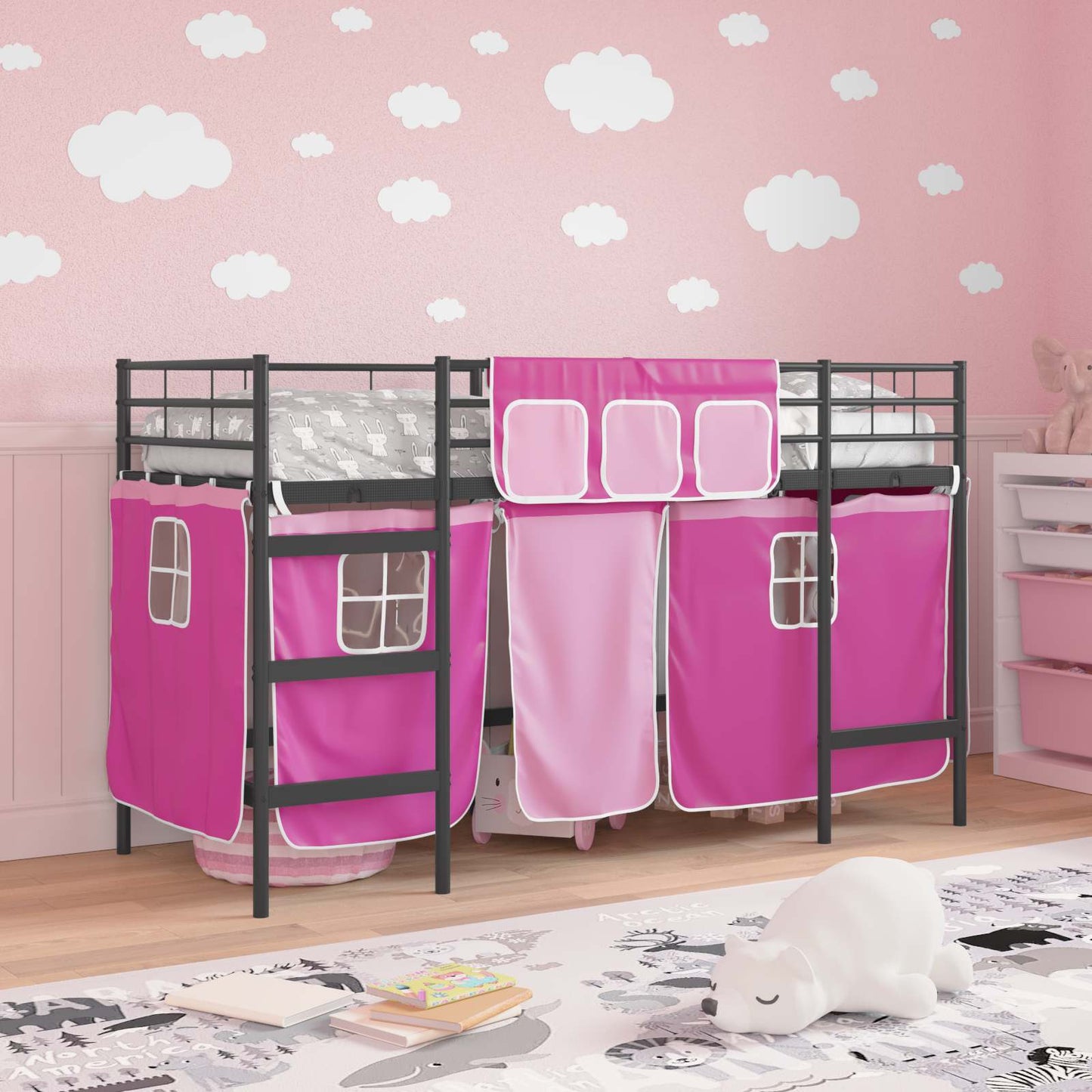 Loftbedframe Voor Kinderen Met Gordijnen 90 x 190 cm Zwart en roze