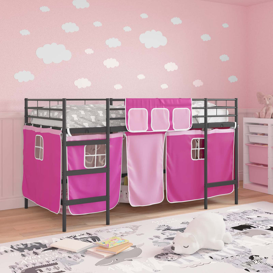 Loftbedframe Voor Kinderen Met Gordijnen 90 x 201 cm Zwart en roze