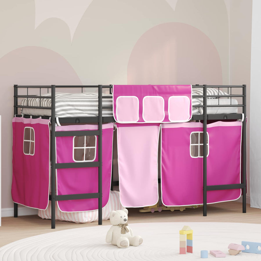 Loftbedframe Voor Kinderen Met Gordijnen 100 x 190 cm Zwart en roze