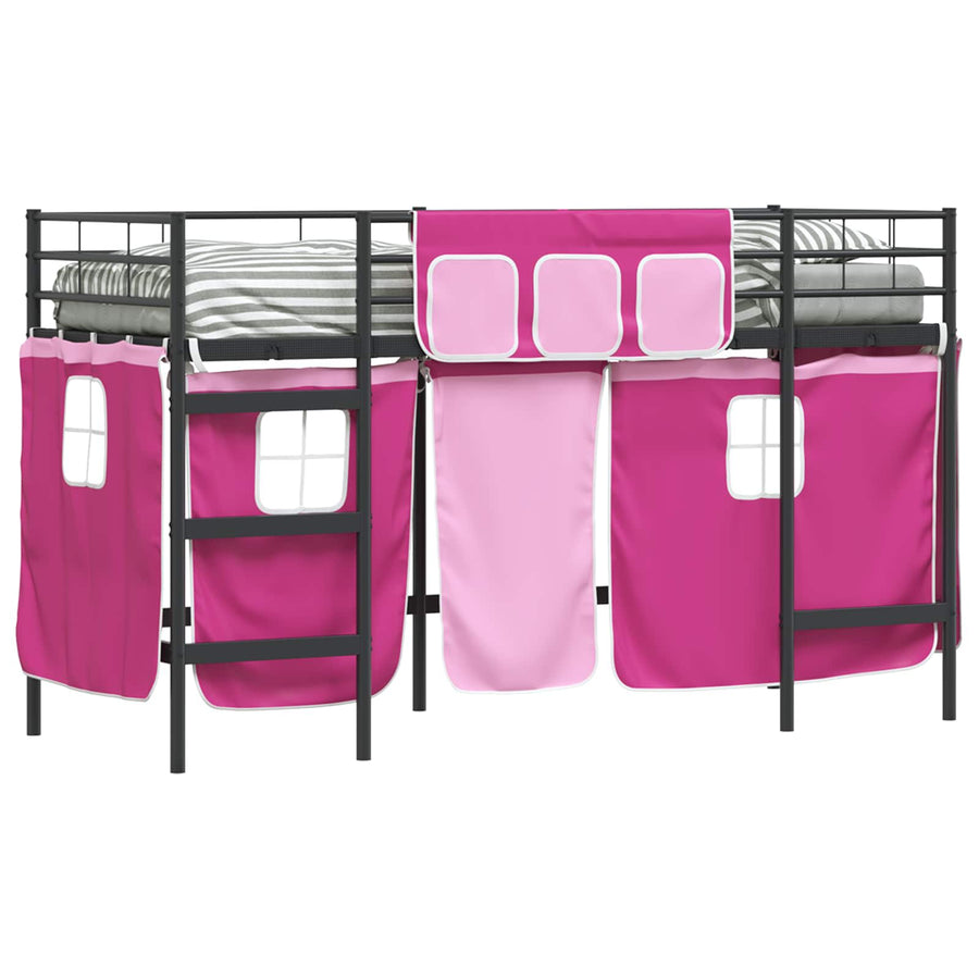 Loftbedframe Voor Kinderen Met Gordijnen 100 x 190 cm Zwart en roze