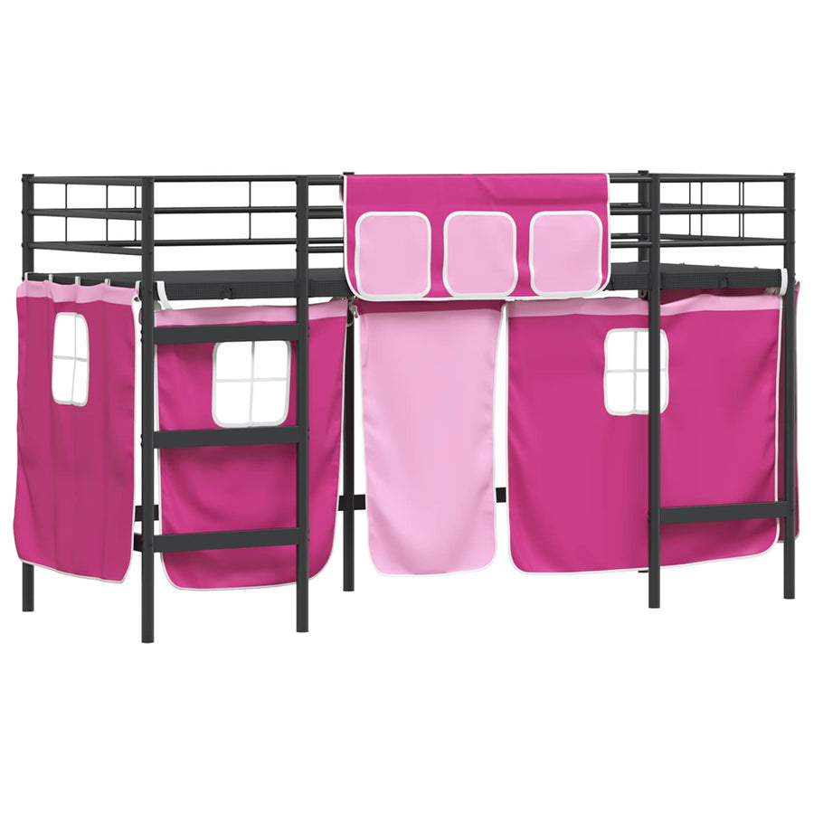 Loftbedframe Voor Kinderen Met Gordijnen 100 x 190 cm Zwart en roze