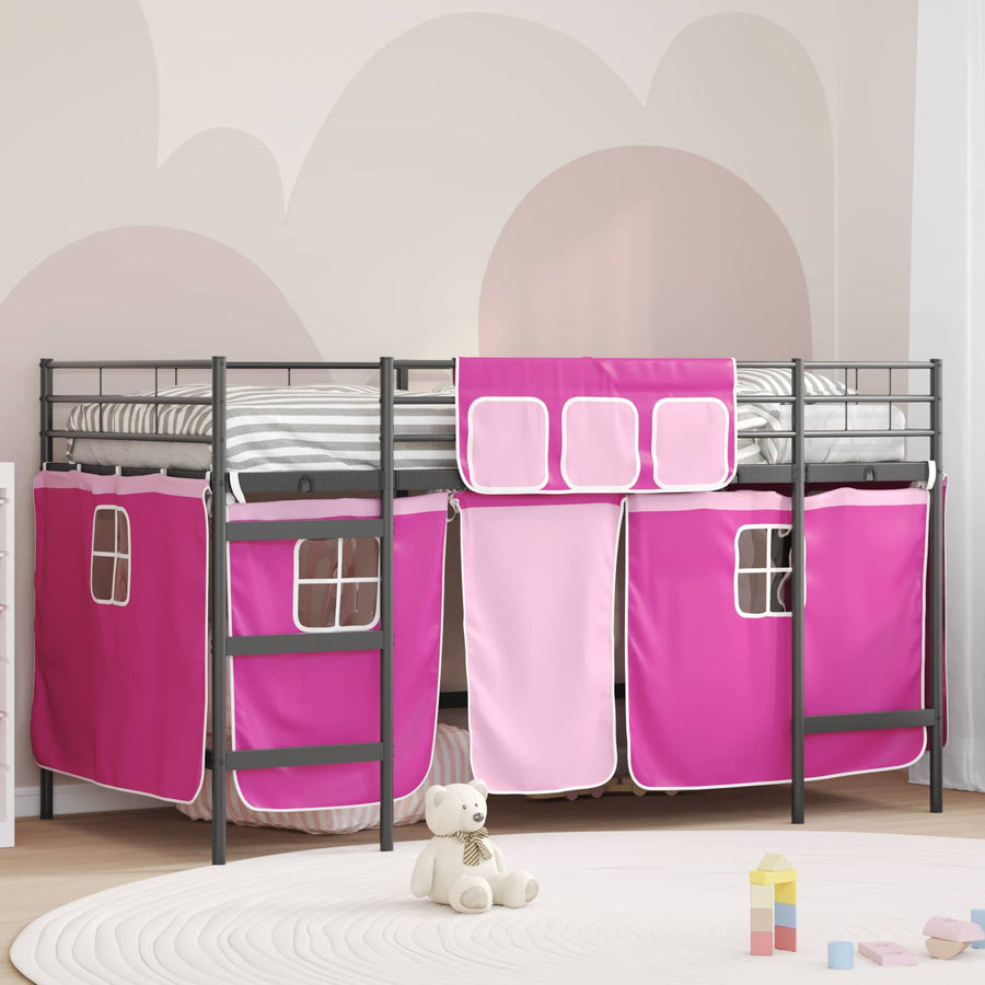 Loftbedframe Voor Kinderen Met Gordijnen 100 x 201 cm Zwart en roze